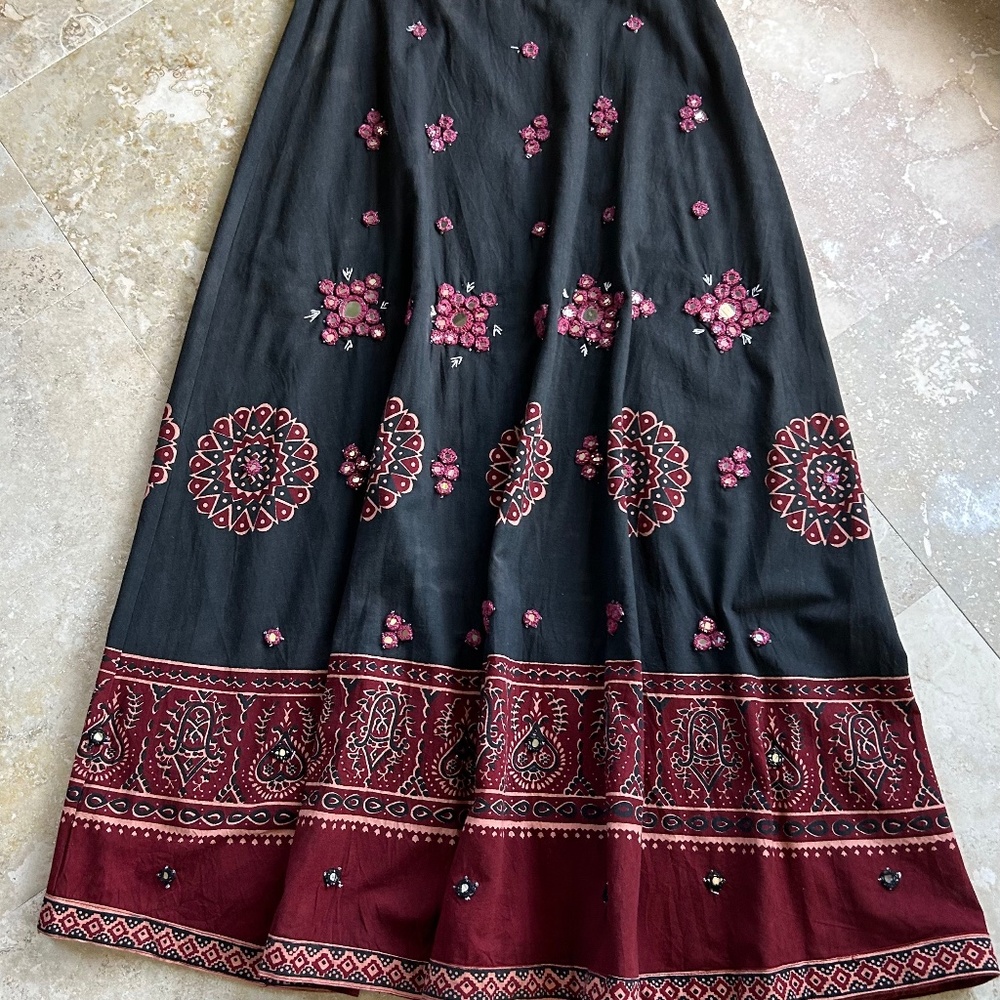 Willi Smith Maxi Uneven Dyed Distressed Skirt with Beads and stitches, Size 8